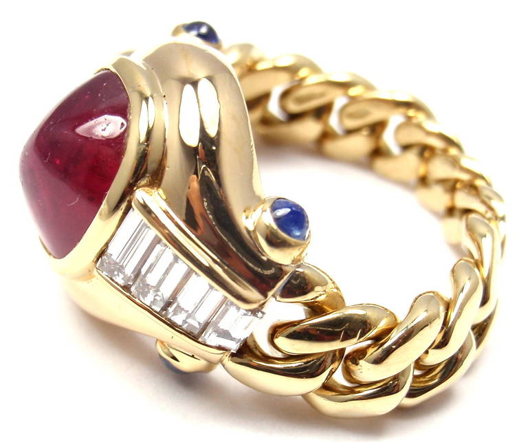 Women's Bulgari Ruby Sapphire Diamond Yellow Gold Band Ring