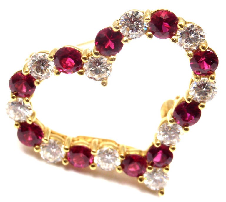 Tiffany & Co. Ruby Yellow Gold Diamond Heart Pin Brooch 2
