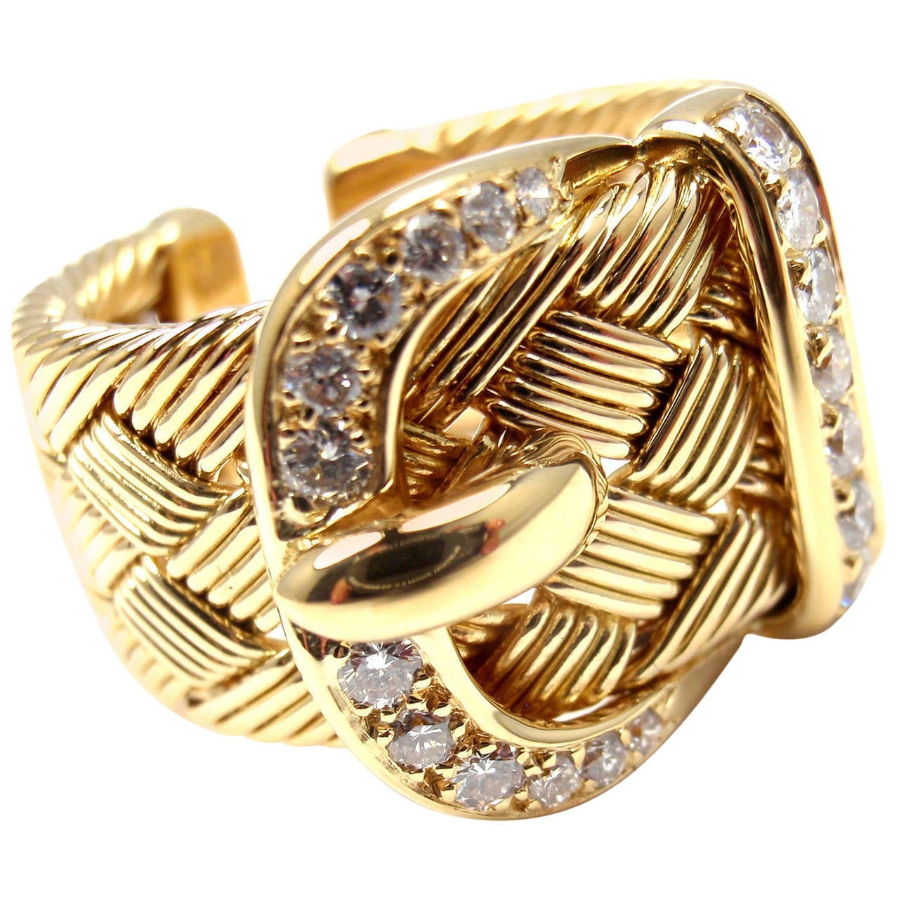 Hermes Diamond Gold Large Woven Buckle Band Ring