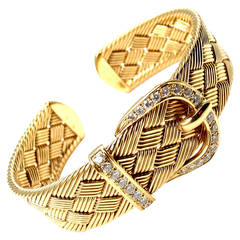 Retro Hermes Diamond Gold Woven Buckle Cuff Bangle Bracelet