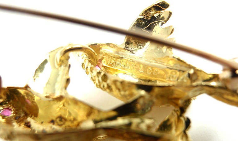 Tiffany & Co. Ruby Yellow Gold Flying Birds Pin Brooch 1