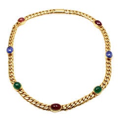 Vintage Bulgari Ruby Sapphire Emerald Yellow Gold Link Necklace
