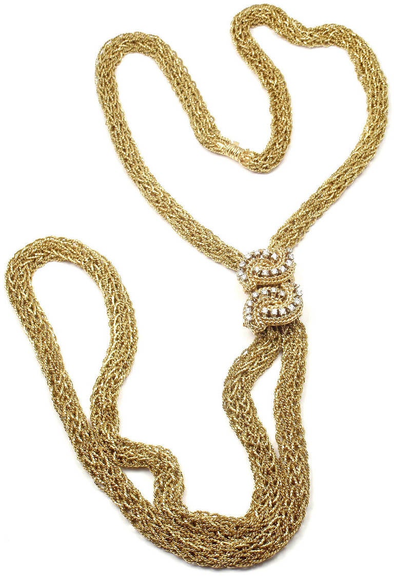 18k Yellow Gold Diamond Long Tassel Necklace by TIffany & Co. 
With 27 round brilliant cut diamonds VS1 clarity G color total weight approx. 1ct
Very versatile vintage Tiffany & Co long necklace.
This necklace could be worn with or without two
