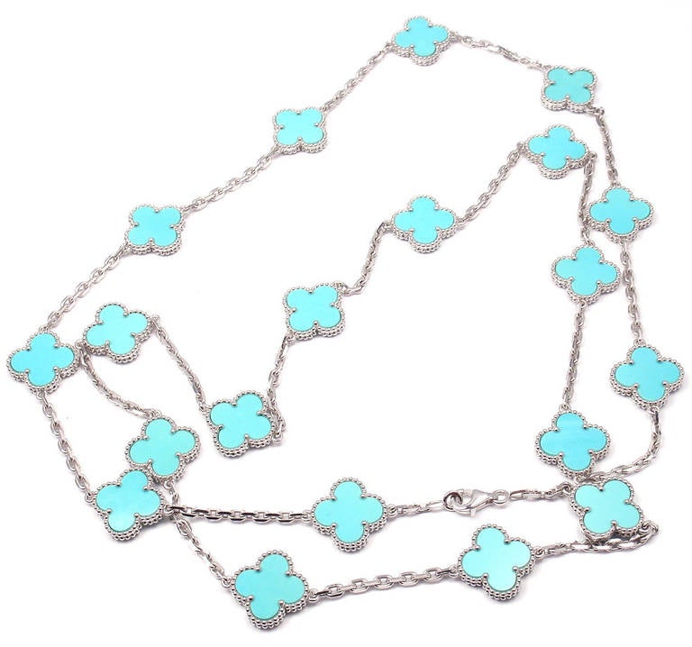 18k White Gold Alhambra 20 Motifs Turquoise Necklace by Van Cleef & Arpels. 
This necklace comes with VCA box & VCA certificate.
With 20 motifs of turquoise alhambra stones 15mm each

Details: 
Length: 31.5