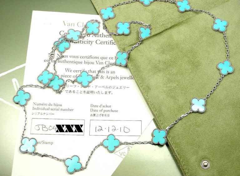 Van Cleef & Arpels Turquoise Alhambra White Gold Necklace In New Condition In Holland, PA