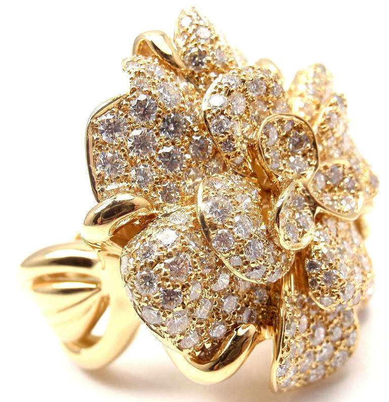 18k Yellow Gold Diamond Large Camelia Flower Ring by Chanel. From the Chanel 