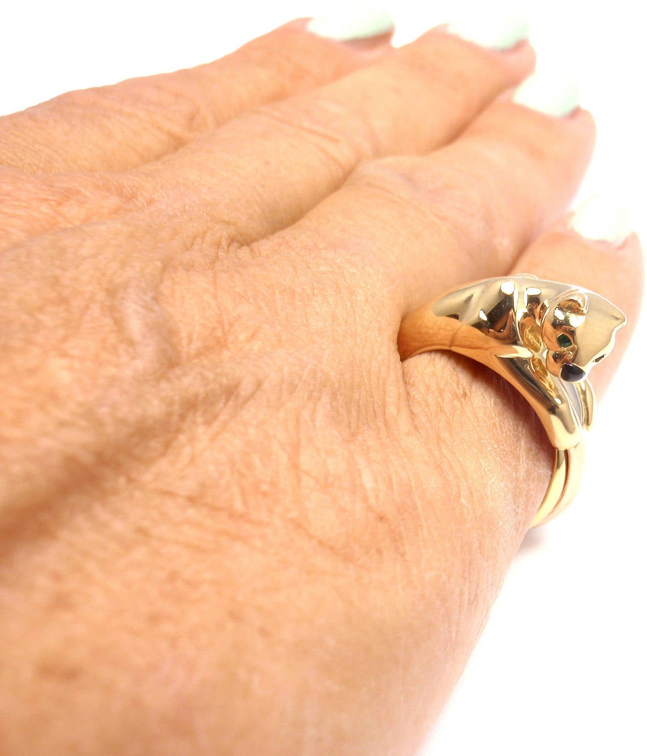 Cartier Onyx Emerald Tri Color Gold Trinity Panther Ring Band 5