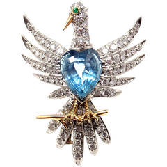 Schlumberger for Tiffany & Co. Phoenix Bird Diamond Aquamarine Platinum Pin