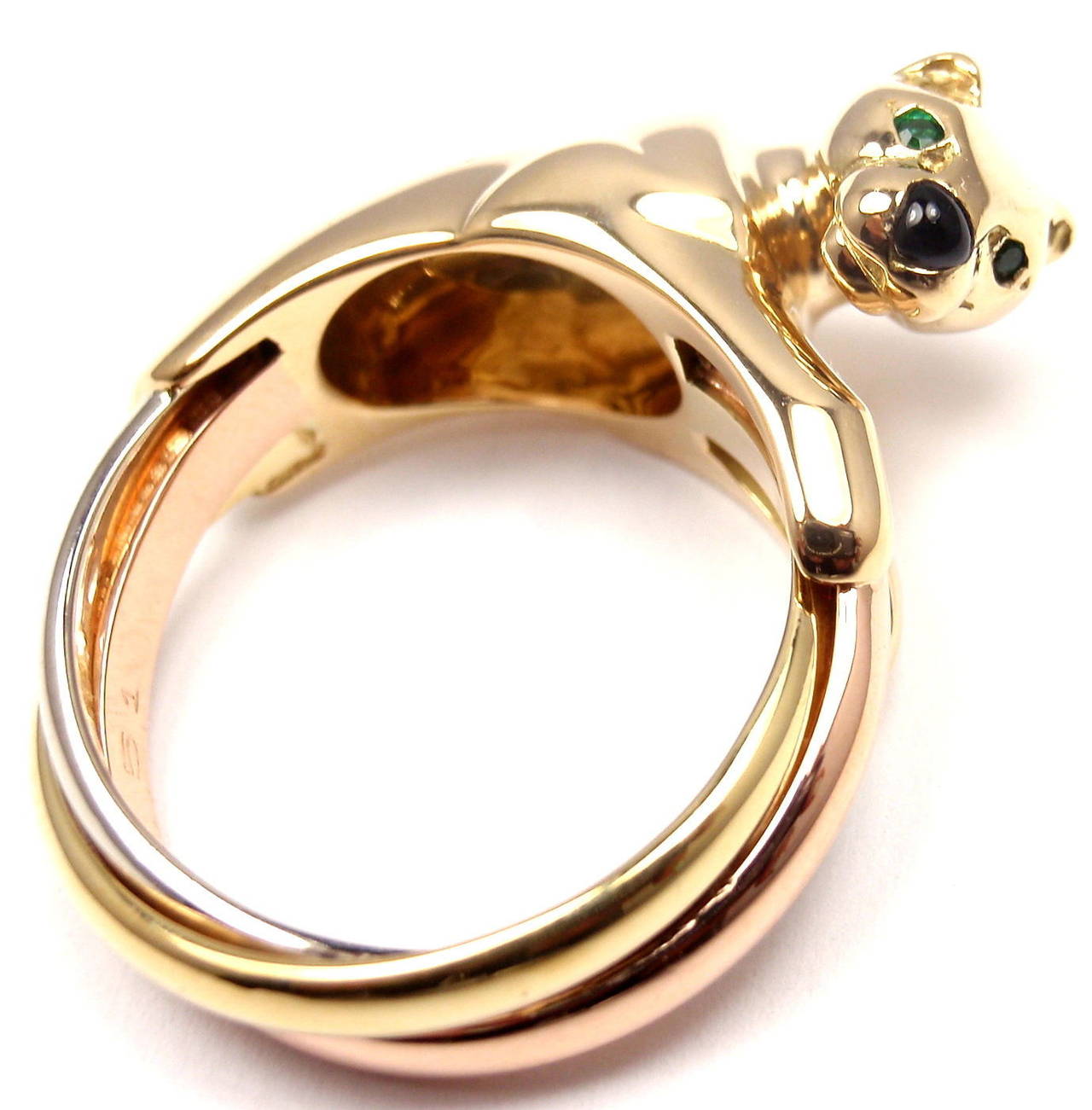 Cartier Onyx Emerald Tri Color Gold Trinity Panther Ring Band In New Condition In Southampton, PA
