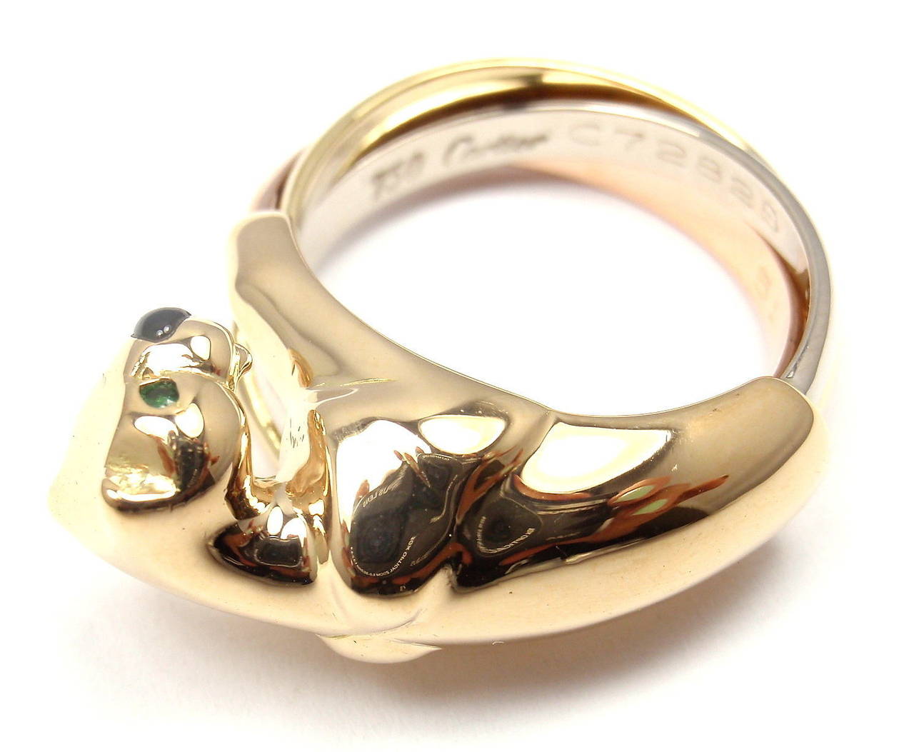 Women's Cartier Onyx Emerald Tri Color Gold Trinity Panther Ring Band