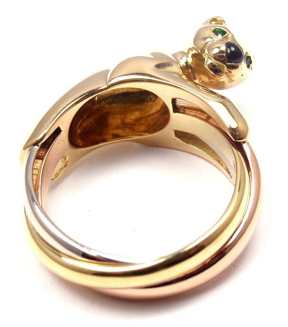 Cartier Onyx Emerald Tri Color Gold Trinity Panther Ring Band 1