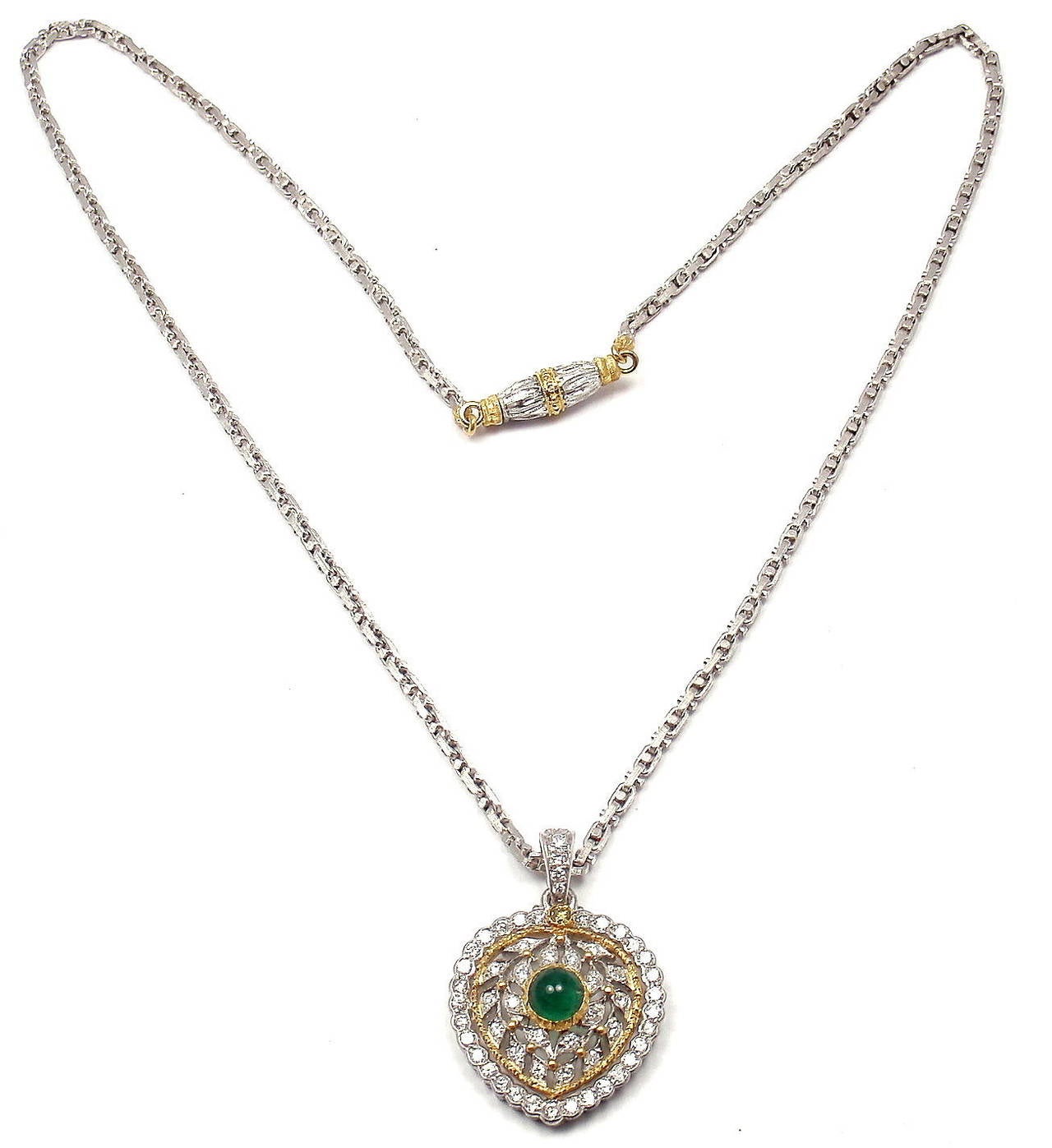 Buccellati Emerald Diamond Yellow and White Gold Heart Necklace In New Condition In Holland, PA
