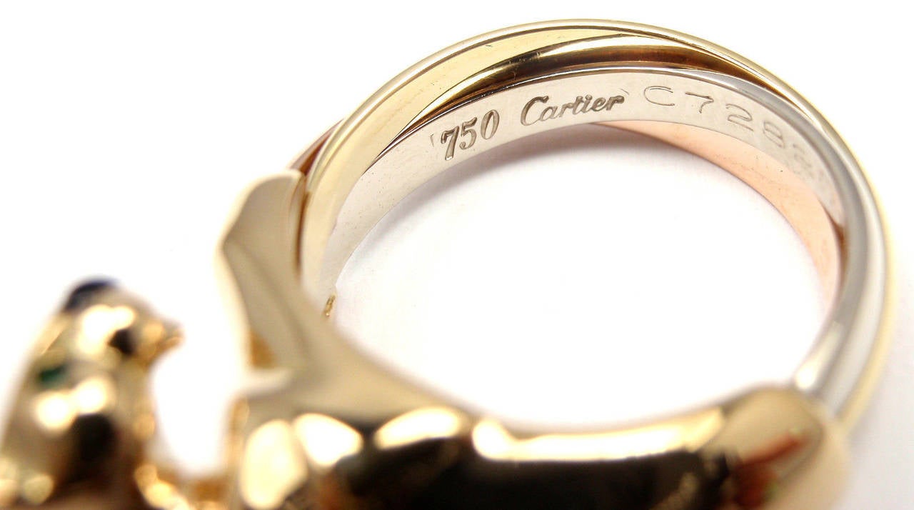 Cartier Onyx Emerald Tri Color Gold Trinity Panther Ring Band 3