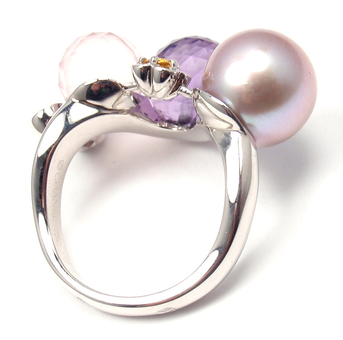Chanel Amethyst Pearl Pink and Yellow Sapphire White Gold Ring In New Condition In Holland, PA