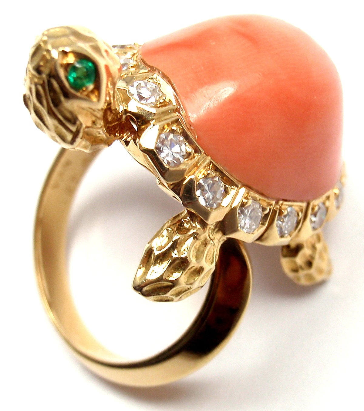 Women's Van Cleef & Arpels Coral Emerald Diamond Turtle Yellow Gold Ring