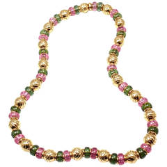 Vintage Bulgari Pink And Green Tourmaline Yellow Gold Necklace