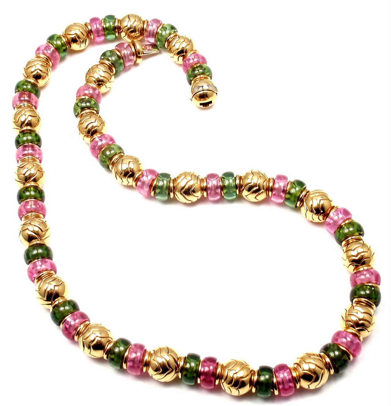 18k Yellow Gold Pink And Green Tourmaline Necklace by Bulgari. 
With Pink & Green Tourmaline Beads.

Details: 
Length: 17