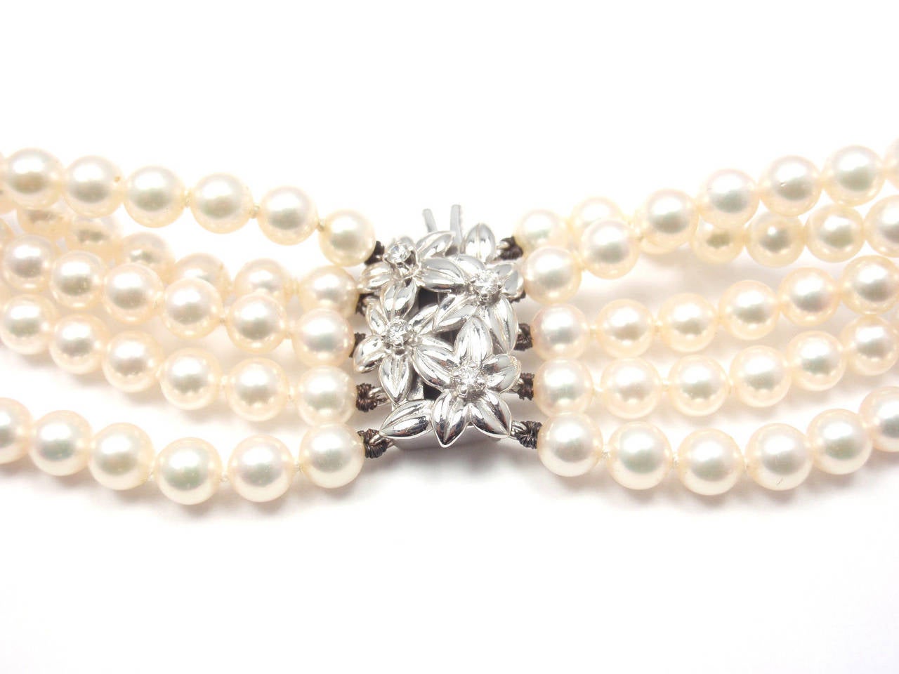 Mikimoto Five Strand Pearl Diamond White Gold Choker Necklace In New Condition In Southampton, PA