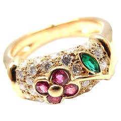 Van Cleef & Arpels Ruby Emerald Diamond Yellow Gold Flower Ring
