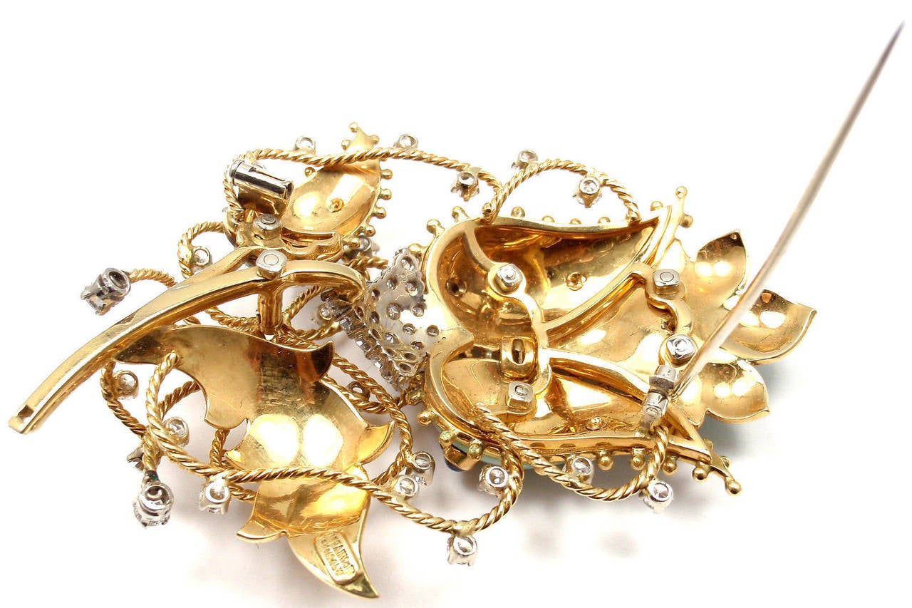 Tiffany & Co. Enamel Ruby Sapphire Diamond Yellow Gold Large Flower Pin Brooch 3