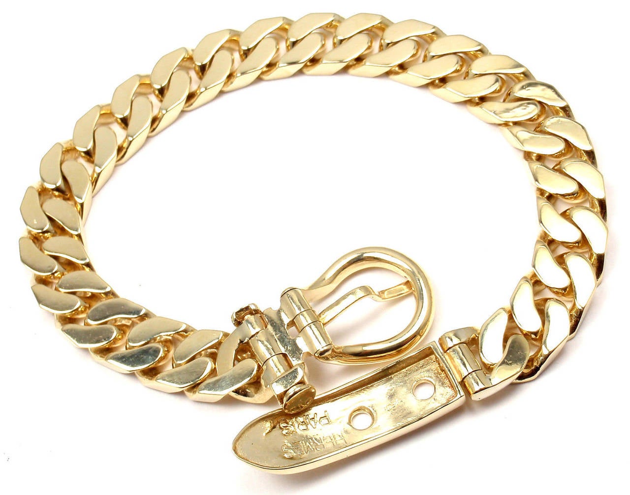 Hermes Curb Link Chain Large Buckle Yellow Gold Bracelet In New Condition In Holland, PA