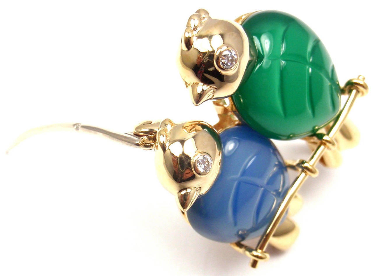 Cartier Blue & Green Chalcedony Diamond Yellow Gold Bird Pin Brooch 3