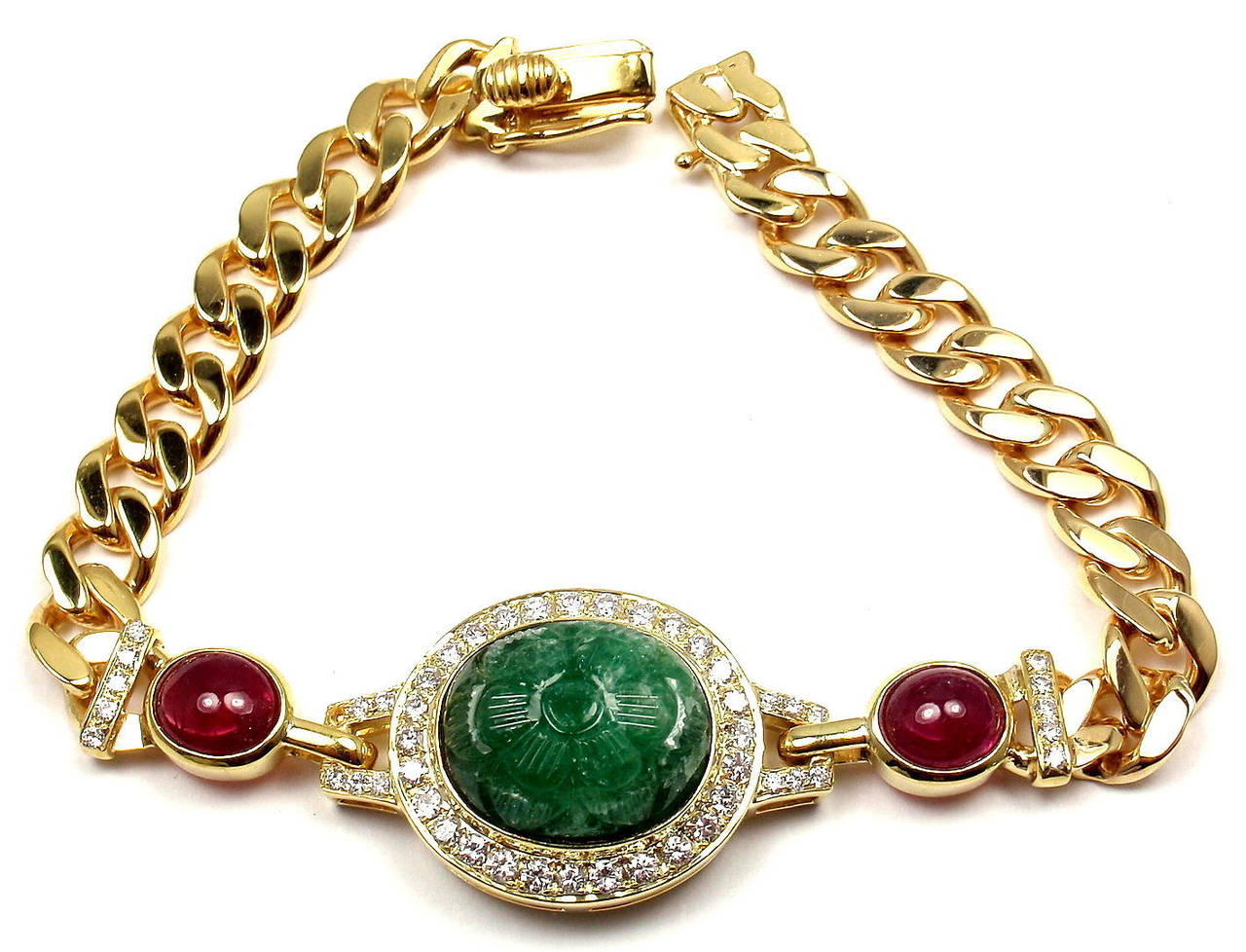 Women's Van Cleef & Arpels Carved Emerald Diamond Ruby Gold Bracelet