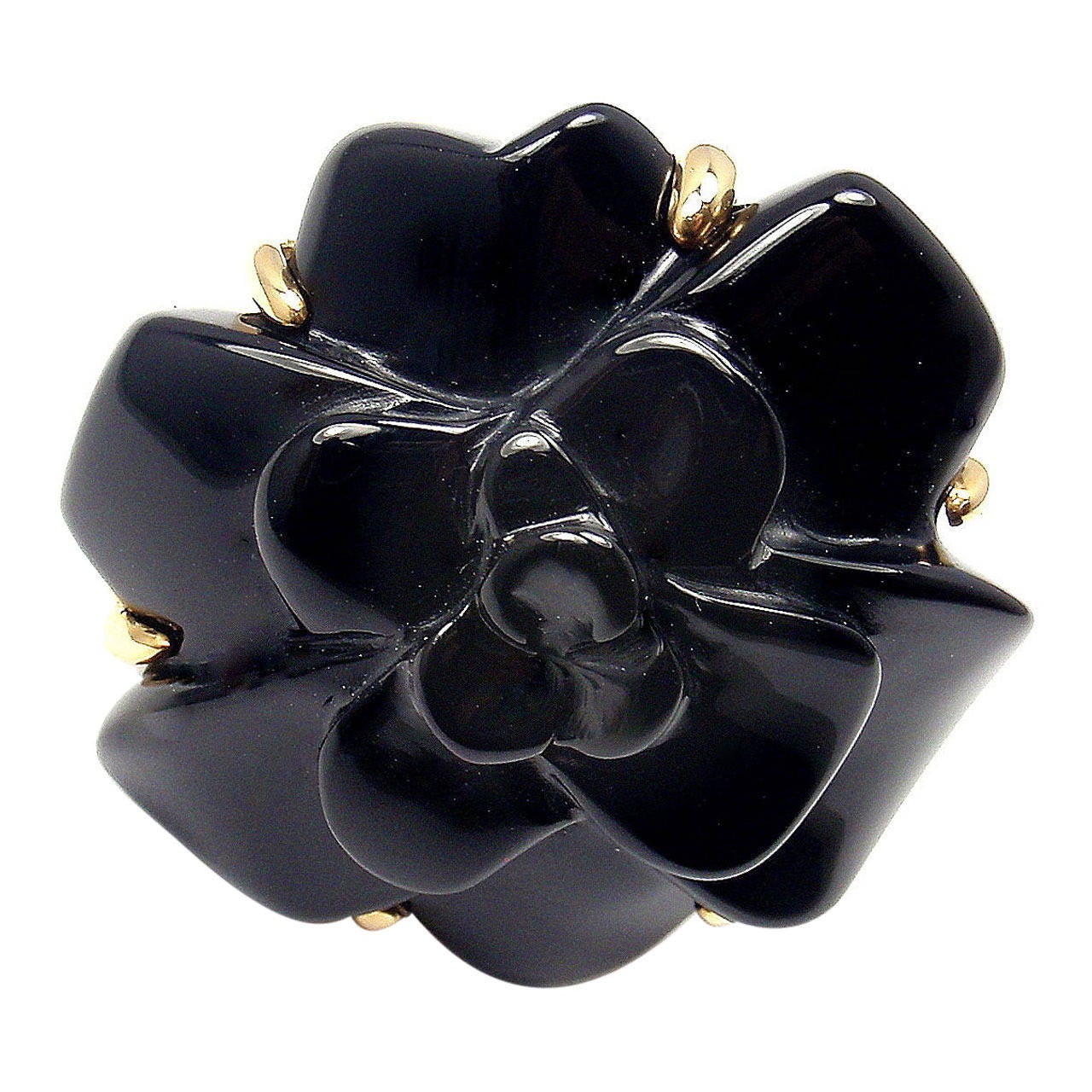 Chanel Camellia Black Onyx Yellow Gold Large Flower Ring