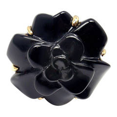 Chanel Camelia Black Onyx Gold Medium Flower Ring