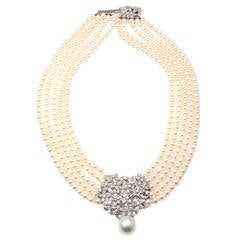 Retro Mikimoto Five Strand Pearl Diamond White Gold Choker Necklace