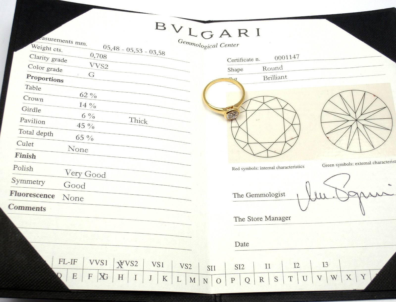 Bulgari .70 Carat Diamond Gold Solitaire Engagement Ring In New Condition In Holland, PA