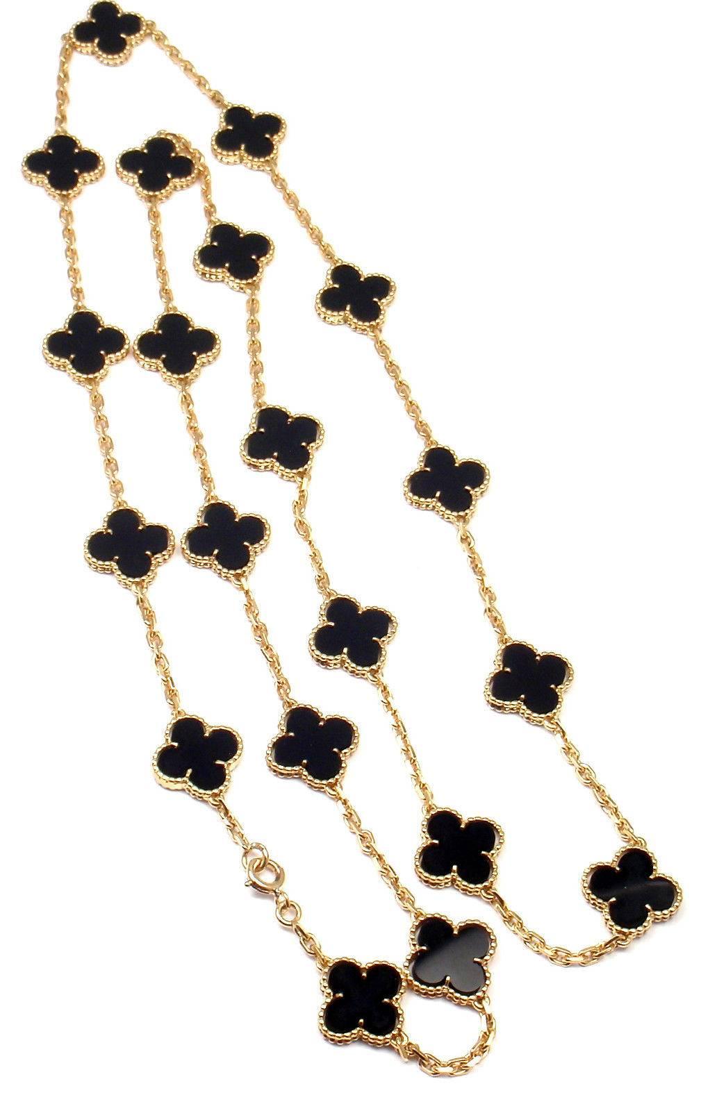 18k Yellow Gold Alhambra Twenty-Motif Black Onyx Necklace by
Van Cleef & Arpels, with 20 motifs of black onyx Alhambra stones, 15mm each.
This is a rare, very collectible, antique Van Cleef & Arpels black onyx alhambra necklace from