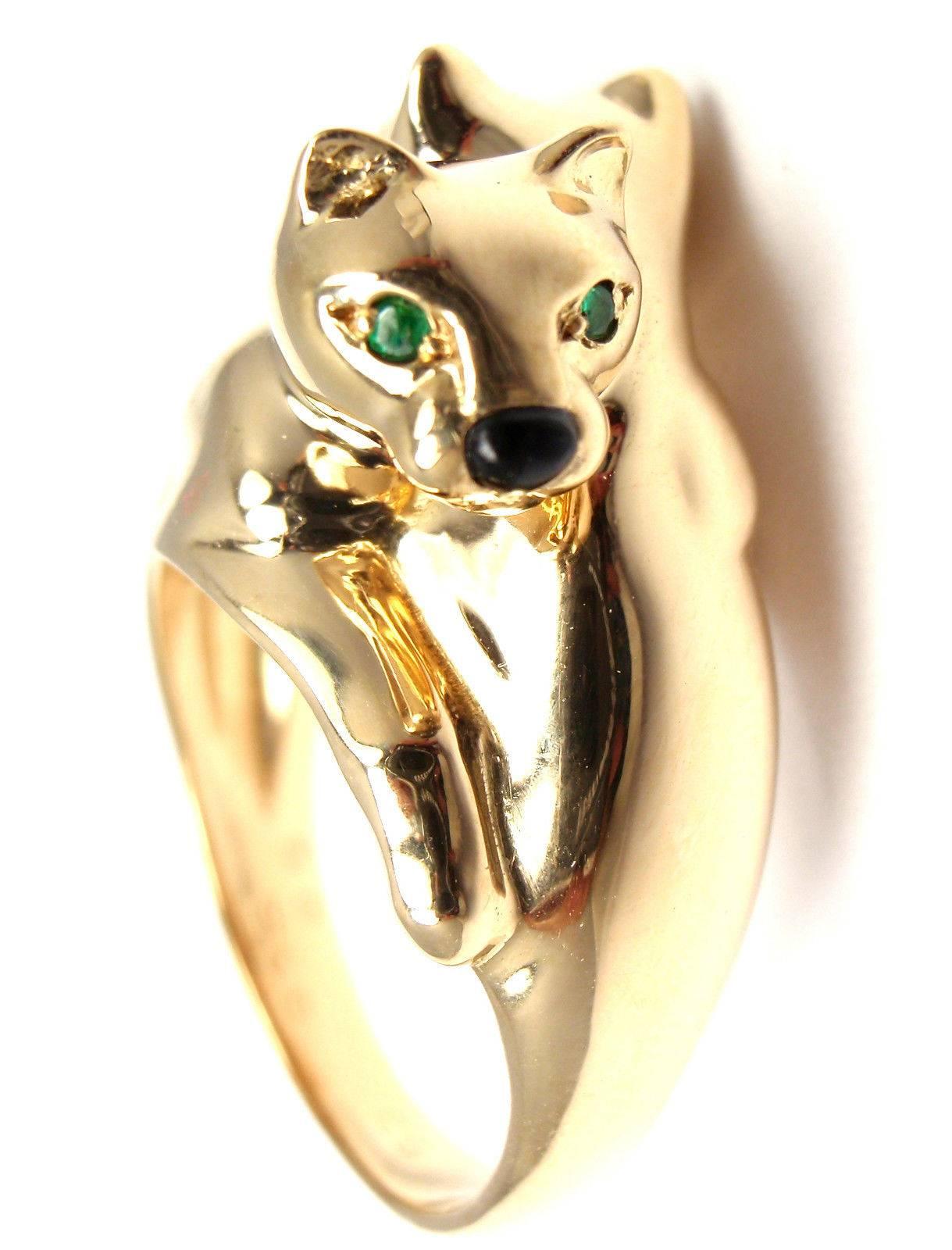Cartier Double Panther Black Onyx Emerald Gold Band Ring In New Condition In Holland, PA
