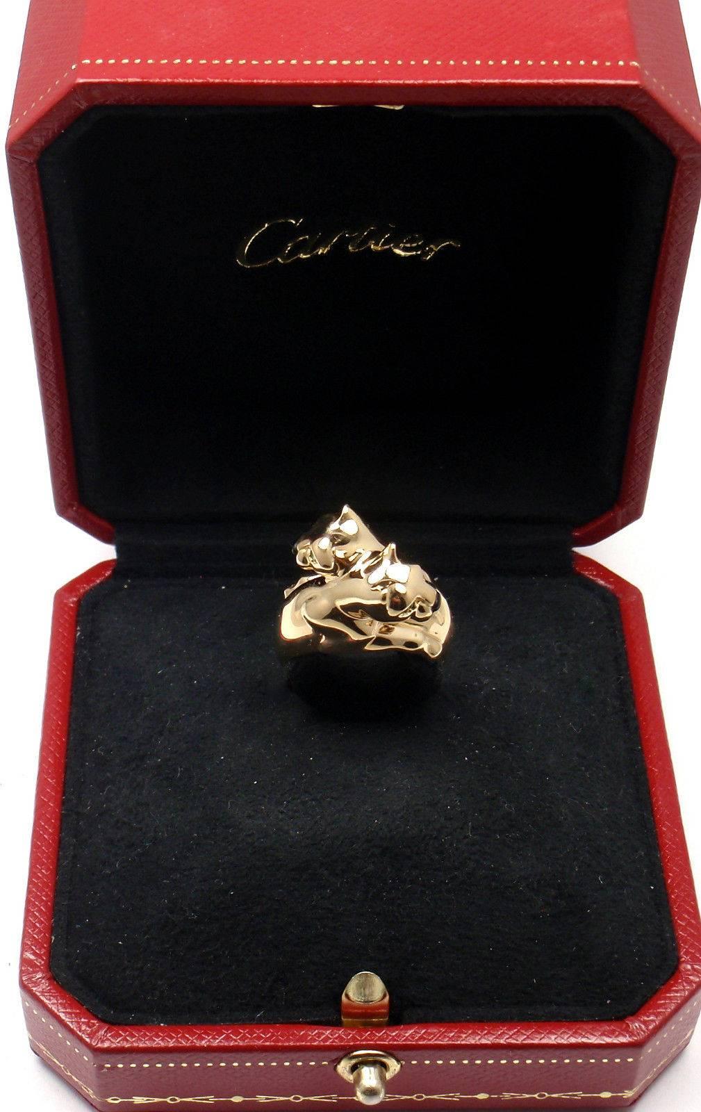 Cartier Double Panther Black Onyx Emerald Gold Band Ring 1