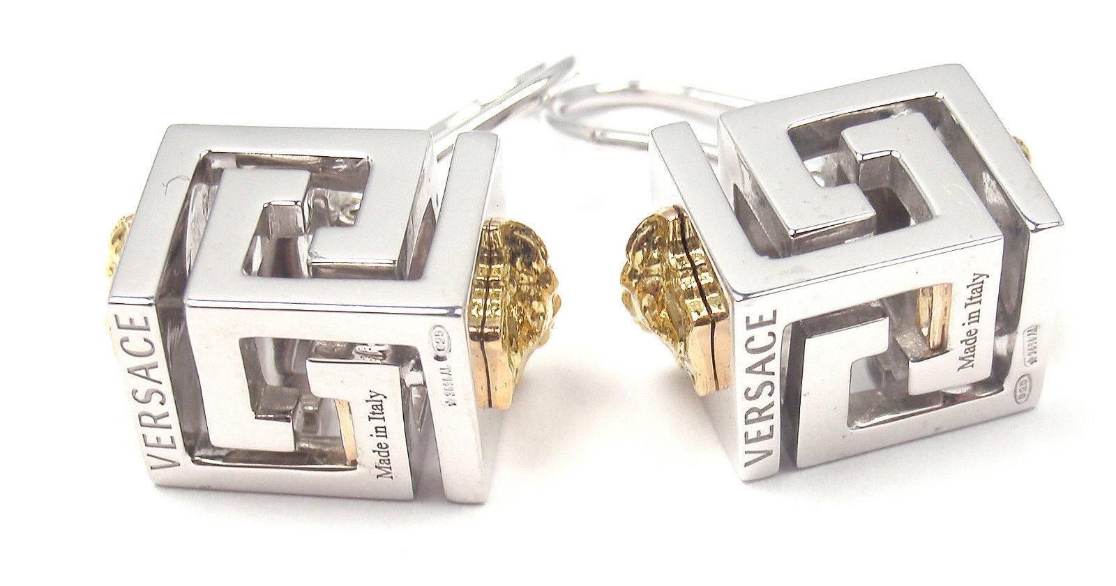 Versace Sterling Silver Yellow Gold Cube Earrings In New Condition In Holland, PA