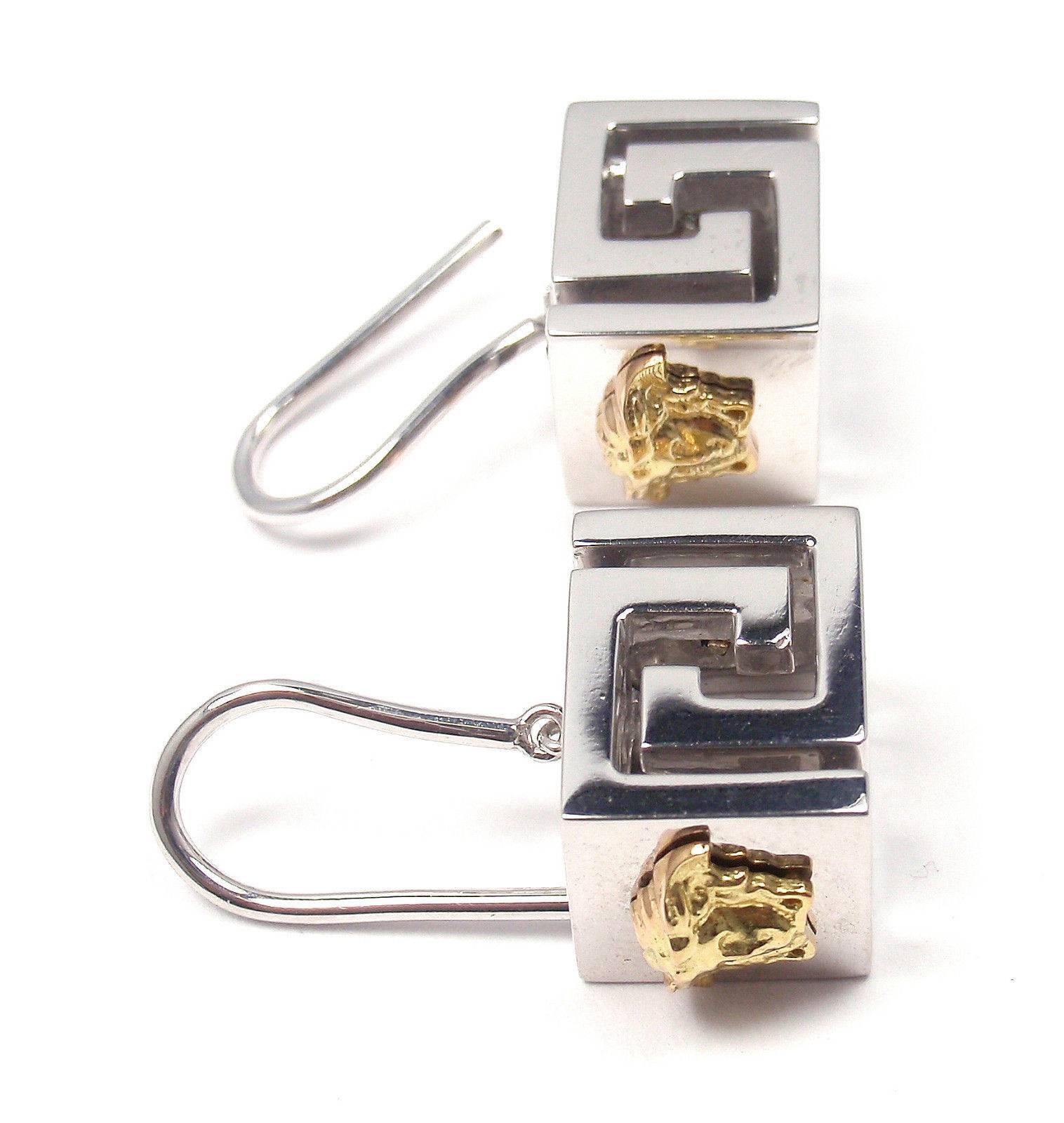 Versace Sterling Silver Yellow Gold Cube Earrings 2
