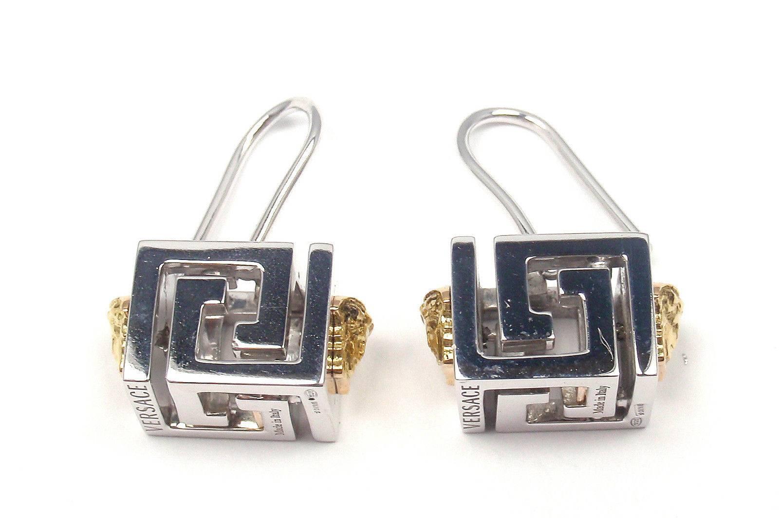 18k Yellow Gold And Sterling Silver Cube Earrings by Versace. 

These earrings come with Box, Certificate and Tag. 
Details: 
Measurements: Length: 1
