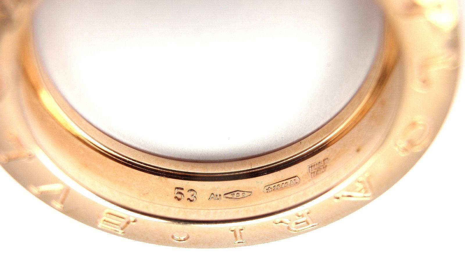 18k Rose Gold B-Zero Band Ring by Bulgari. 
This ring comes with original Bulgari box.

Details: 
Ring Size: 53 US 6 1/4
Weight:  5.7 grams
Width: 5mm
Stamped Hallmarks: Bulgari 750 53 Made in Italy

*Free Shipping within the United