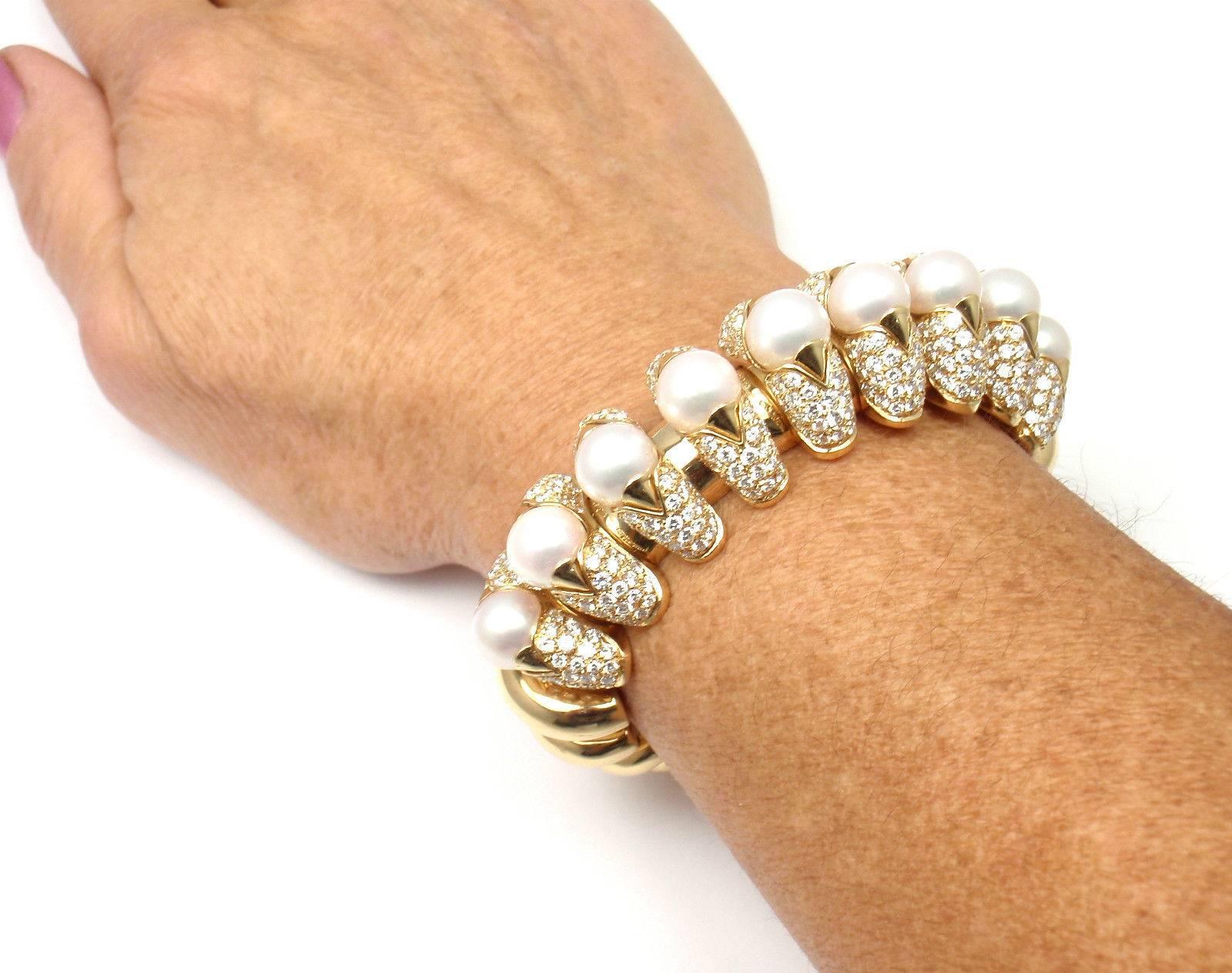 Women's Bulgari Celtaura Diamond Pearl Gold Bangle Bracelet