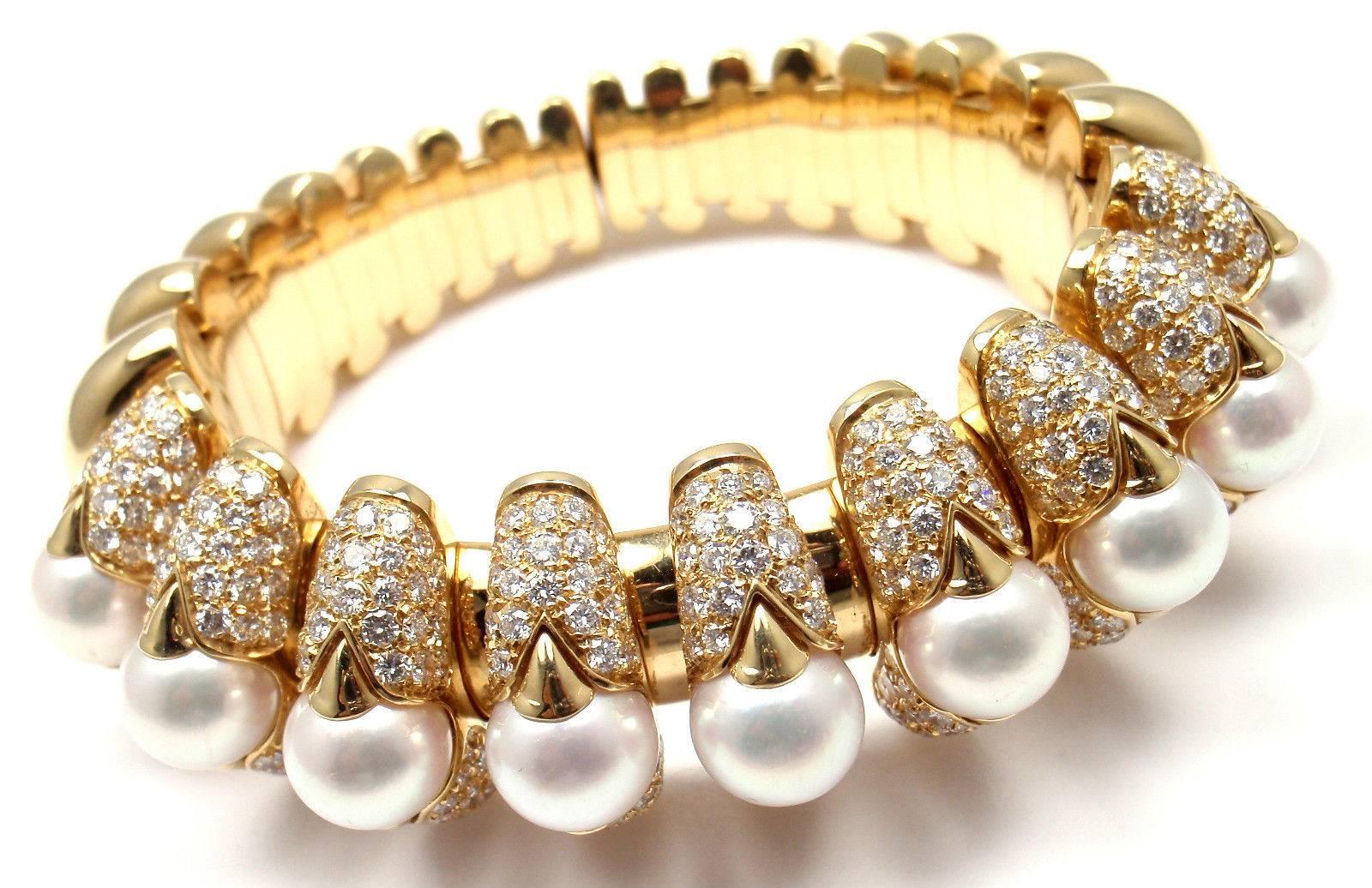 Bulgari Celtaura Diamond Pearl Gold Bangle Bracelet In New Condition In Holland, PA