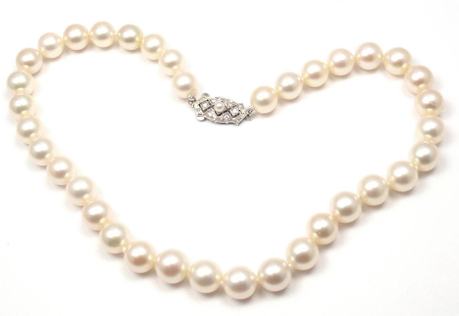 9k White Gold Vintage Cultured Akoya Graduated Pearl Diamond Necklace by Mikimoto. 
With 36 Total AKOYA pearls from 10mm - 8.5mm in diameter on a 14