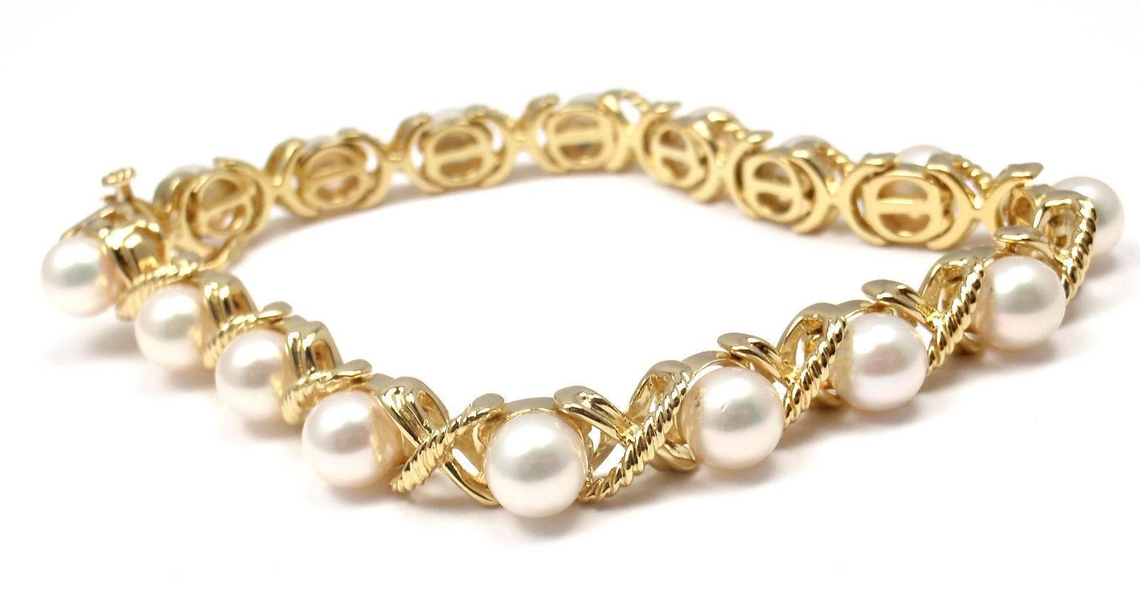 Tiffany & Co. Pearl Gold X Bracelet In New Condition In Holland, PA
