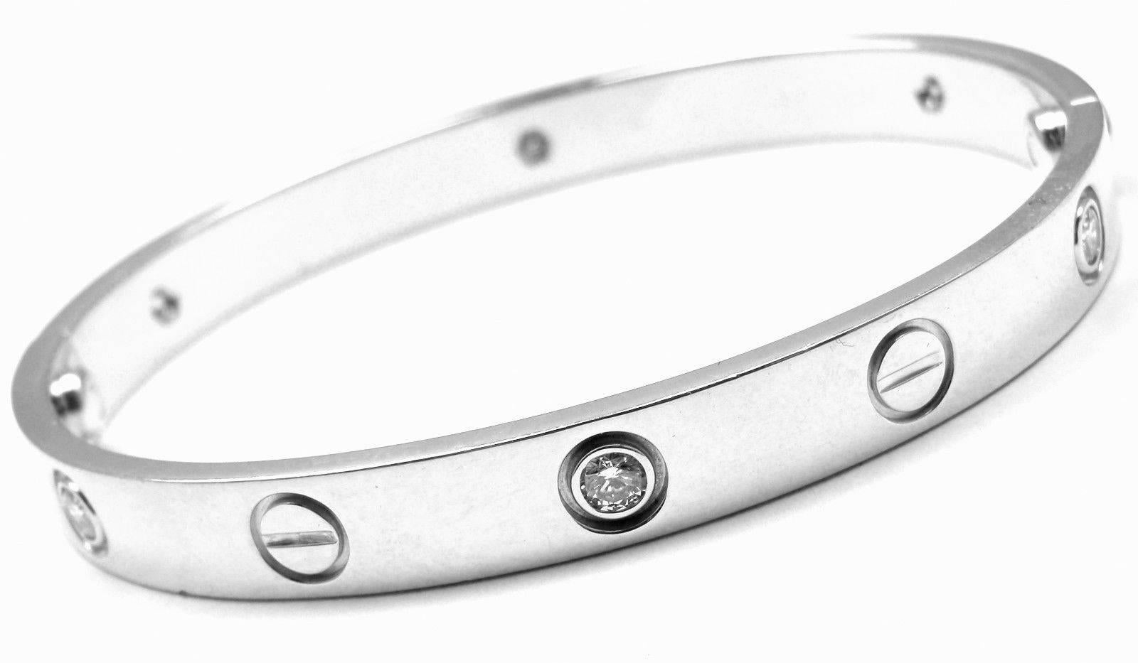 18k White Gold Cartier LOVE Bangle Bracelet, size 16.
With 6 brilliant round cut diamonds, VS1 clarity, E-F color total weight approx. .30ct
This bracelet comes with original Cartier box and a screwdriver.

Details:
Size: 16cm
Weight: 30.2