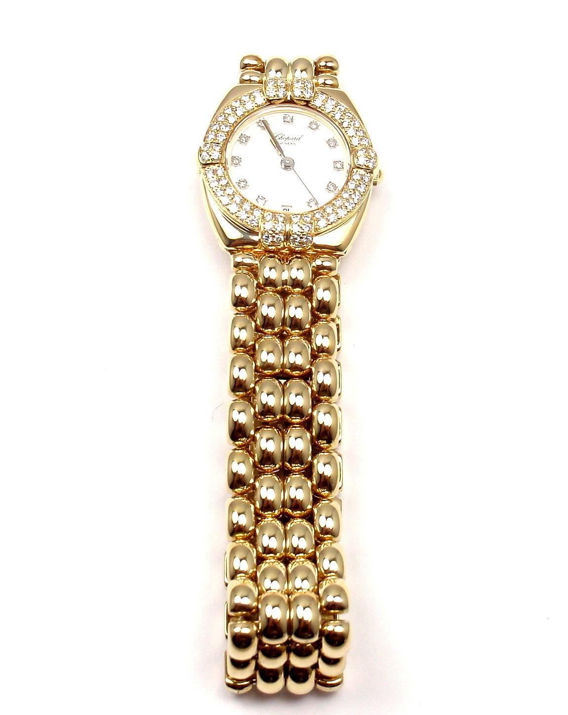 Chopard Ladies 18k yellow gold and diamond Gstaad wristwatch, Ref. 32/5120 11. 

Chopard Gstaad in 18k yellow gold. Reference: 32/5120 11
Watch quartz. 
Case in 18k yellow gold 24mm
Movement Quartz.
Band in 18k solid yellow gold with fold over