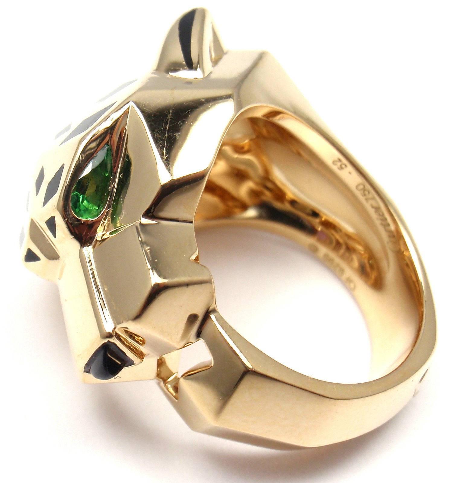 Women's Cartier Panther Panthere Tsavorite Onyx Black Lacquer Gold Ring