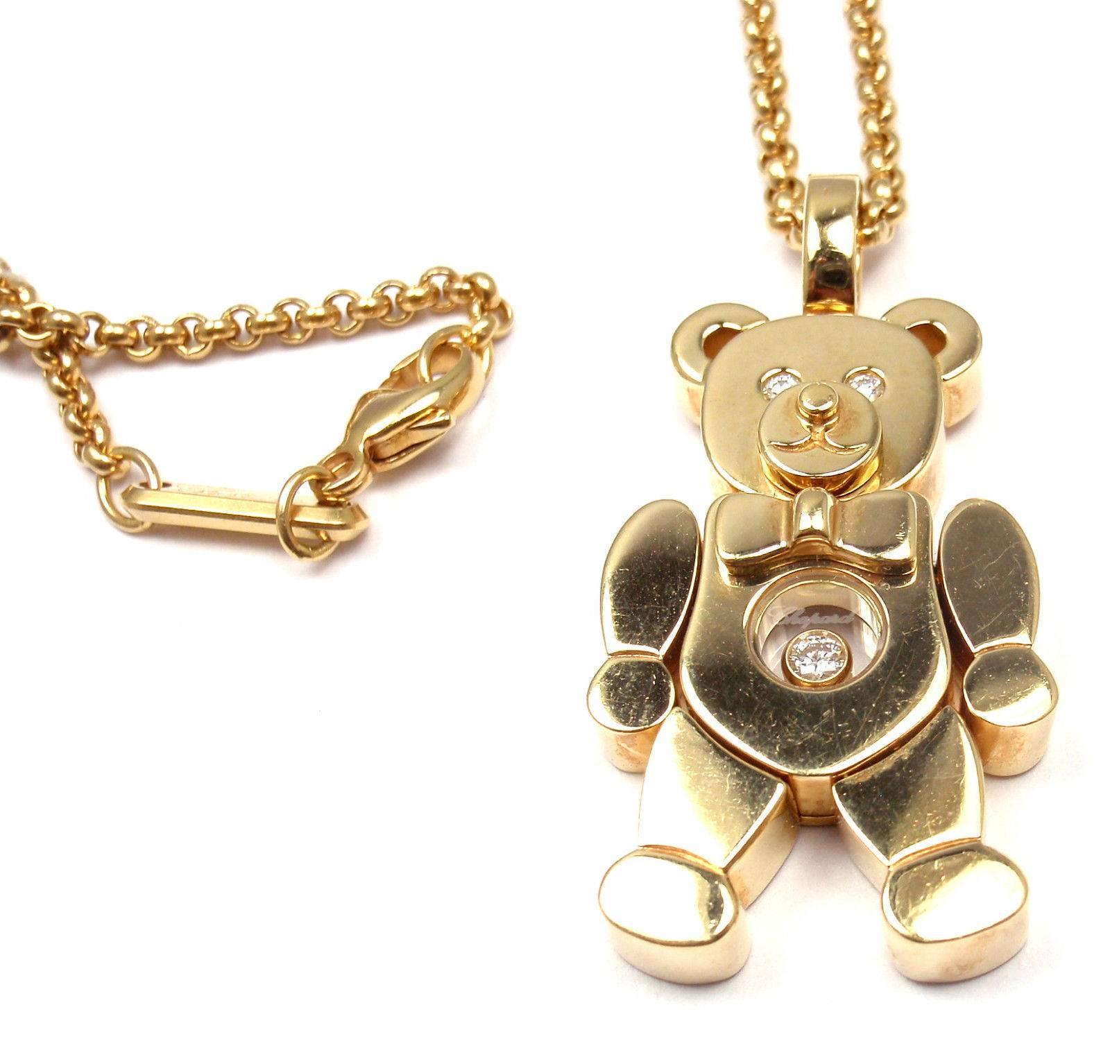 18k Yellow Gold Happy Diamond Teddy Bear Pendant Necklace  by Chopard.  With Round Brilliant Cut Diamonds VS1 total weight approx. .10ct
Details: 
Chain Length: 16.6