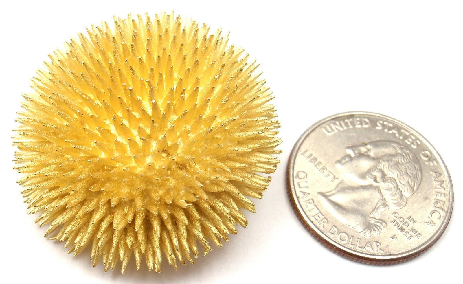 18k Yellow Sea Urchin Extra Large Brooch Pin by Tiffany & Co. 

Details: 
Measurements: 36mm x 19mm
Weight: 28.4 grams
Stamped Hallmarks: Tiffany & Co 18k
*Free Shipping within the United States*

YOUR PRICE: $3,850

T445mned