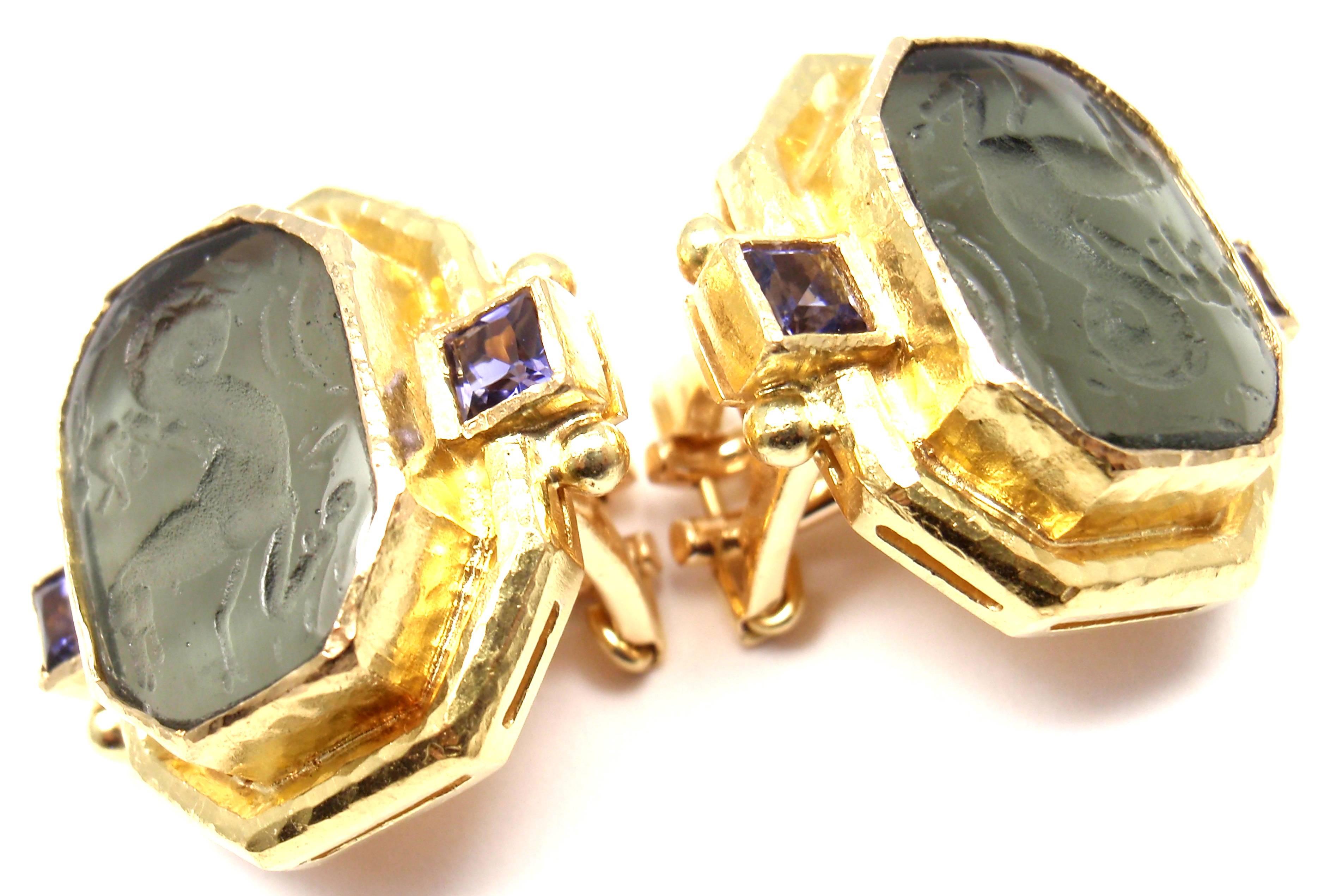 Elizabeth Locke Venetian Glass Intaglio Iolite Gold Earrings  4