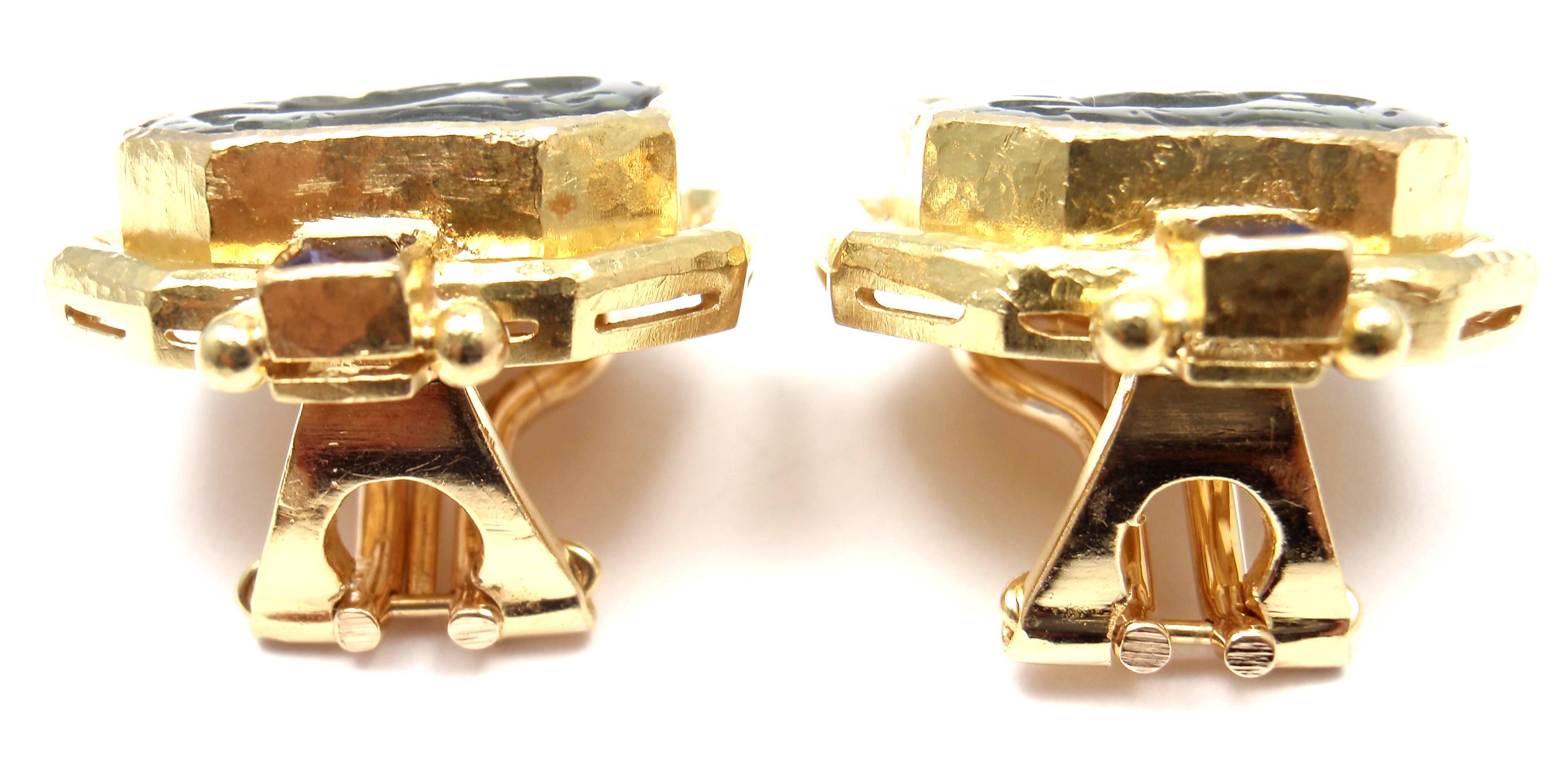 Elizabeth Locke Venetian Glass Intaglio Iolite Gold Earrings  1