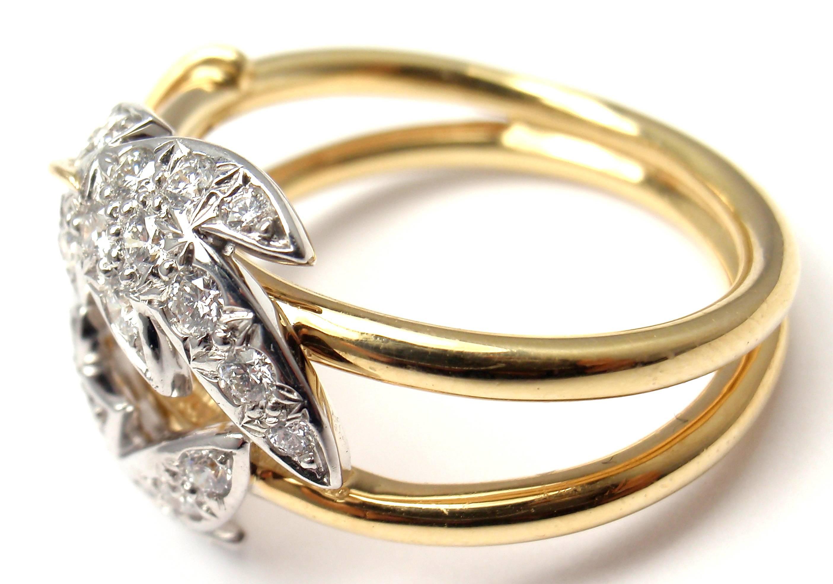 Tiffany & Co Schlumberger Diamond Two Leaves Platinum And Yellow Gold Ring In New Condition In Southampton, PA